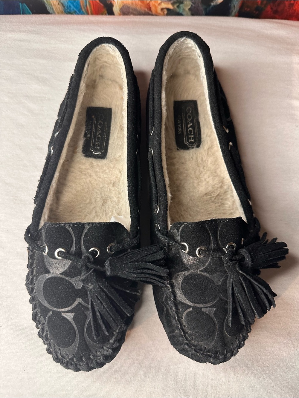 #23 Coach Black Signature Suede Moccasin Slippers with Tassels